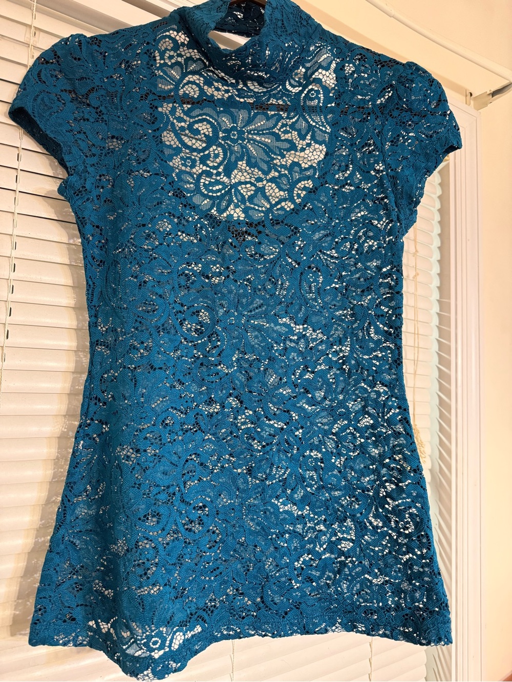 Express Teal Floral Lace Short-Sleeve Top